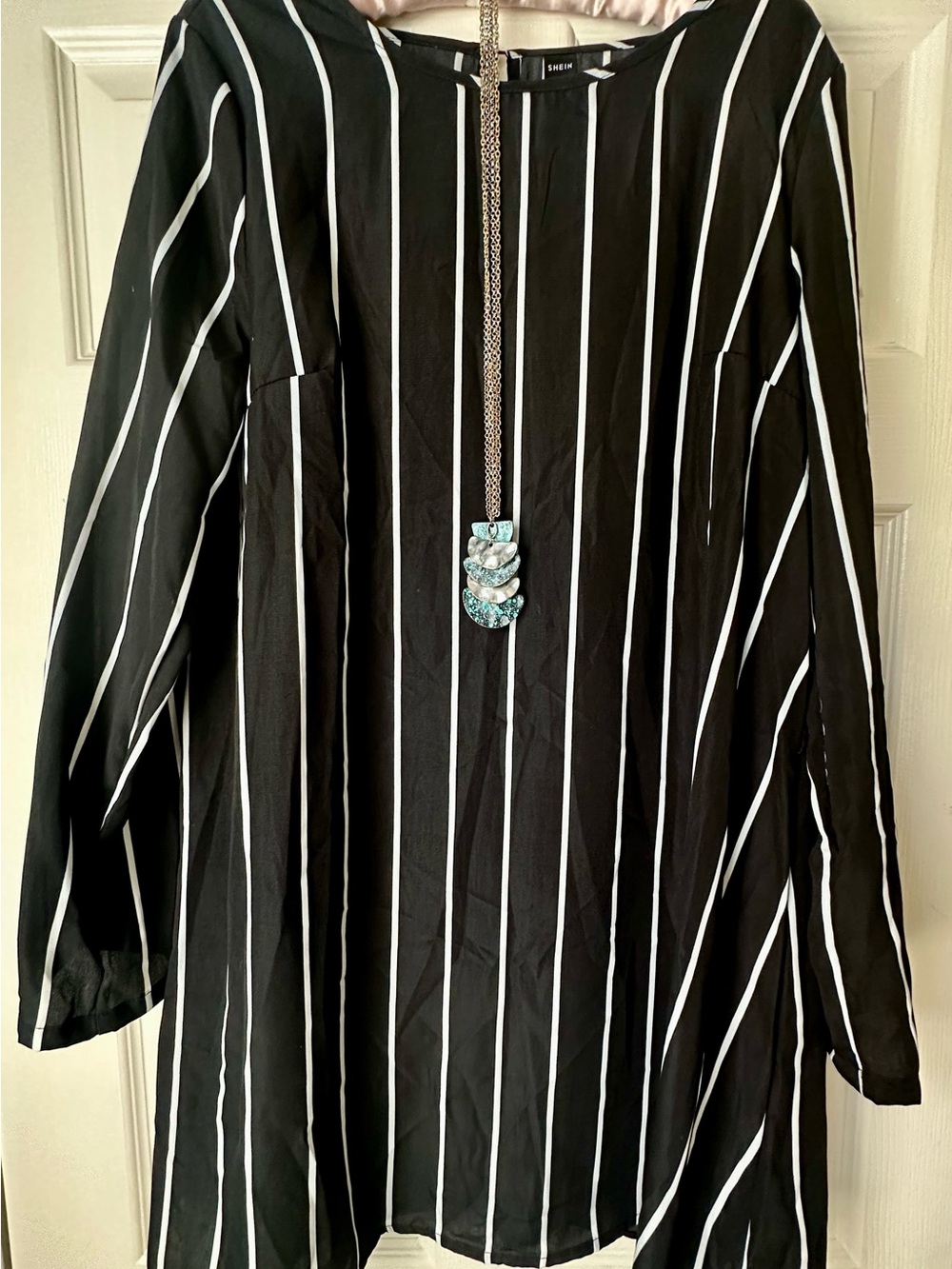 SHEIN Black Long-Sleeve Dress with White Vertical Stripes